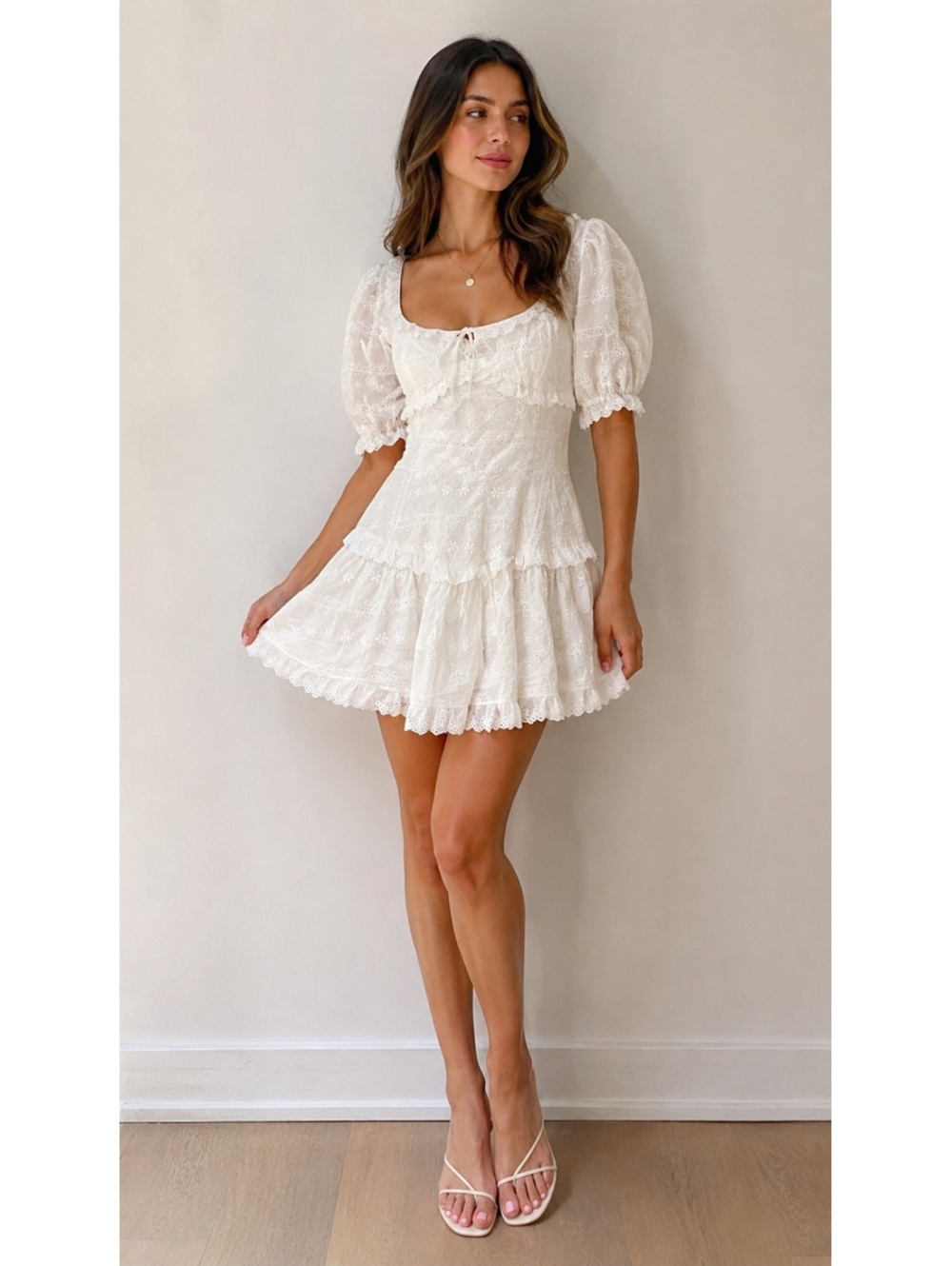 For Love & Lemons Mini Jelena White Eyelet Lace Mini Dress with Puff Sleeves